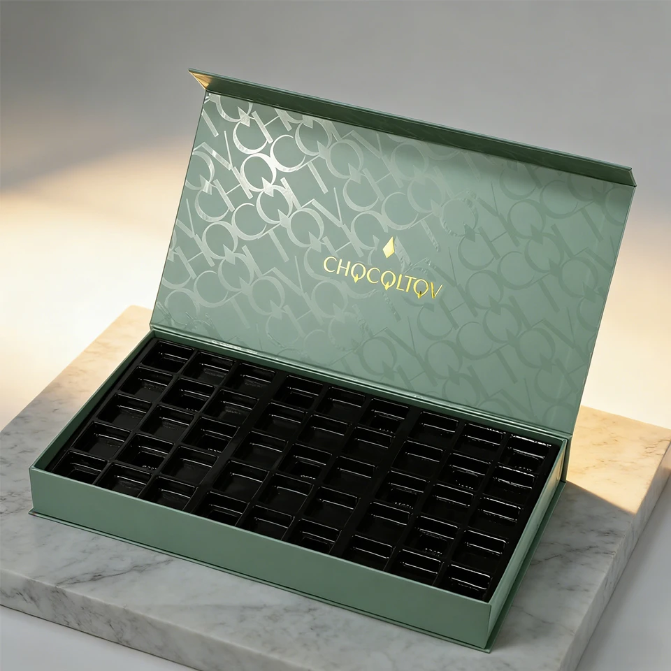 

Green Matte UV Process Eco-Friendly Custom Gold Foil Logo Magnetic Box for Chocolates with Plastic Liner Insert