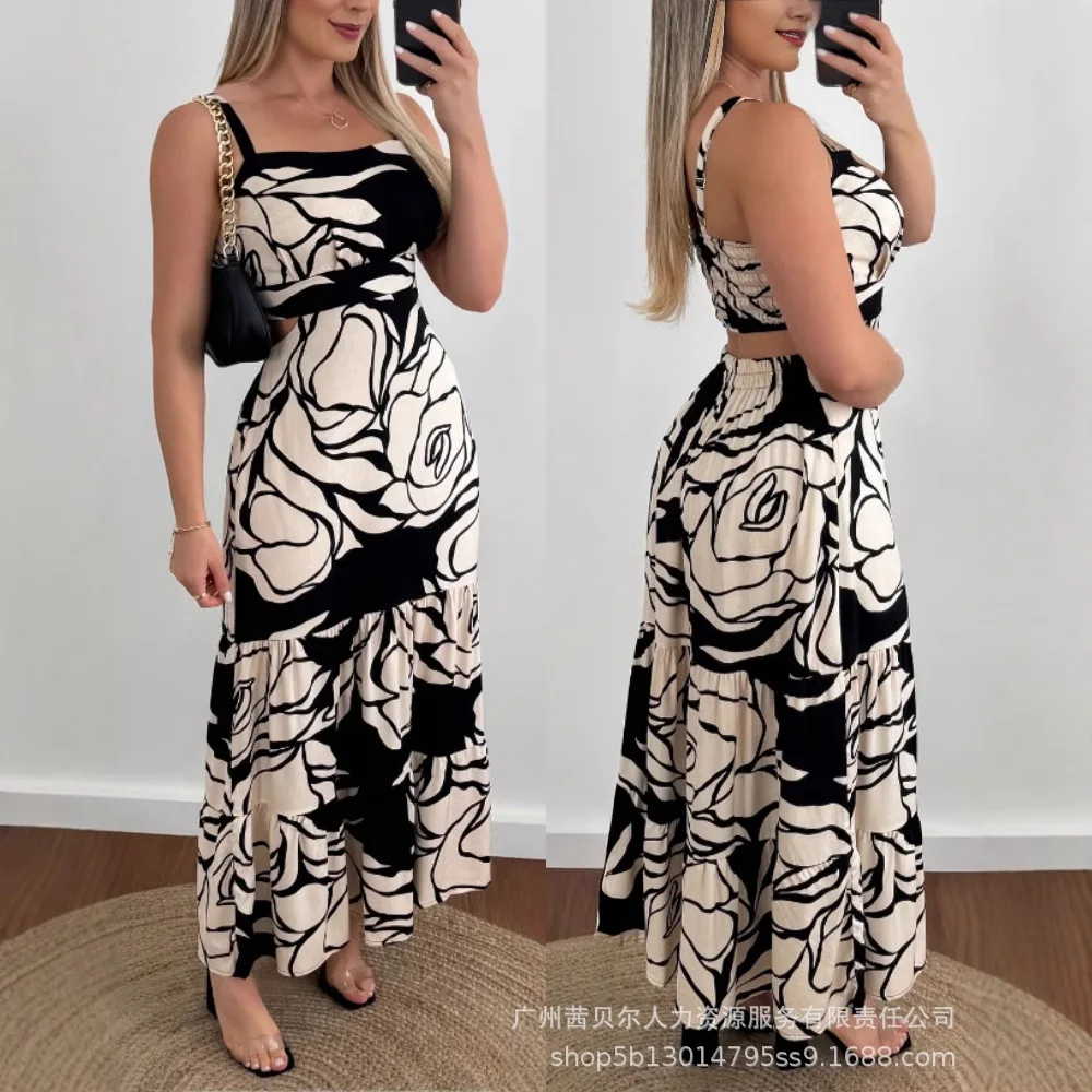 Abito sexy con cinturino lungo Abito estivo con canottiera da donna senza maniche con motivo rosa stampato sexy scava fuori