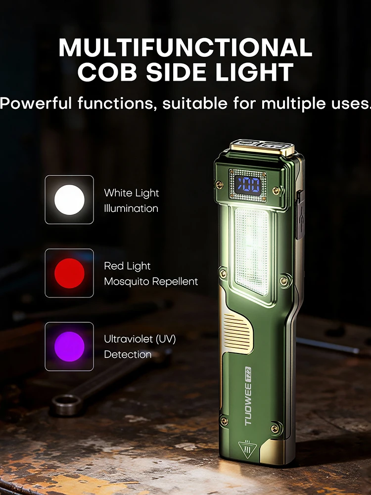 EDC Tactical Flashlight - 2000LM Dual LED, USB-C Rechargeable, COB Side Light with White/Red/UV, LCD Display, Magnetic Clip image 2
