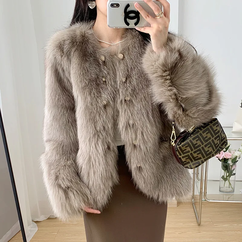 

Fox fur fur coat for women -Double-faced fur- gold button short style