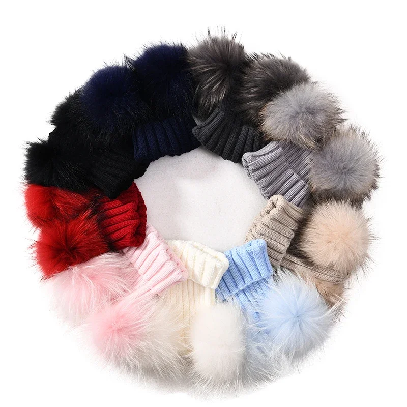 Jxwatcher Winter Double Real Fur Pom Pom Hat for Children Baby Knit Hats With Two Fur Pompoms Boys Girls High Quality Beanie Cap