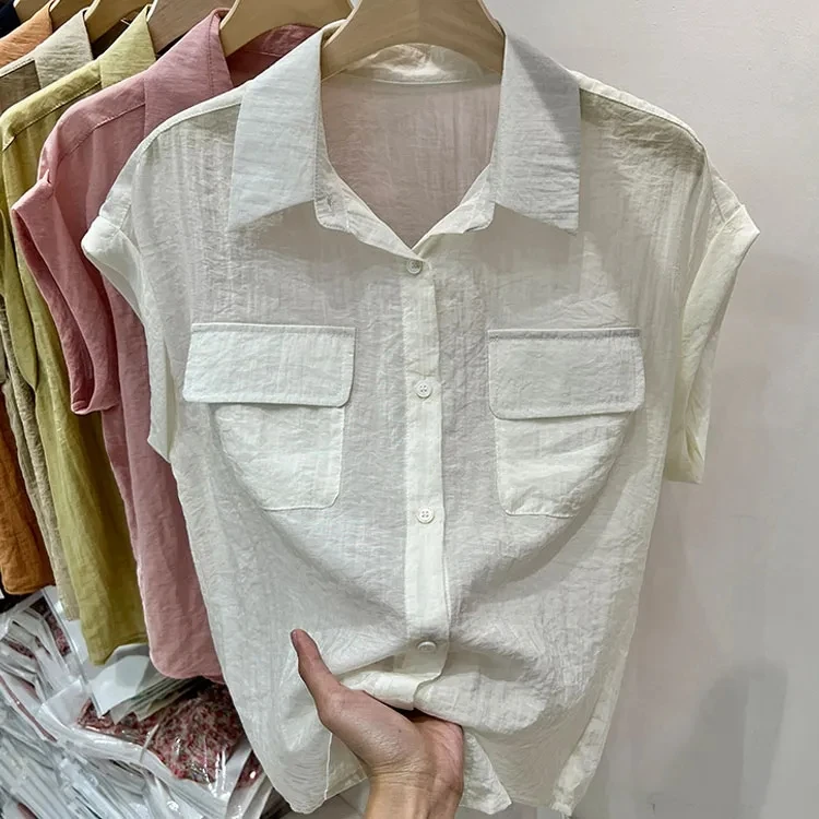 

Летний новый топ с воротником, женский повседневный легкий модный топ в корейском стиле, свободный крой, полиэстер