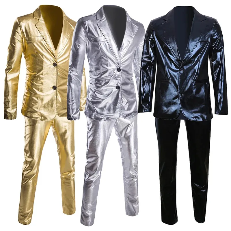 

Men's Shiny Gold 2 Pieces Suits Terno Masculino Fashion Party DJ Club cosplay Dress Tuxedo Suit Men Stage Singer Clothes