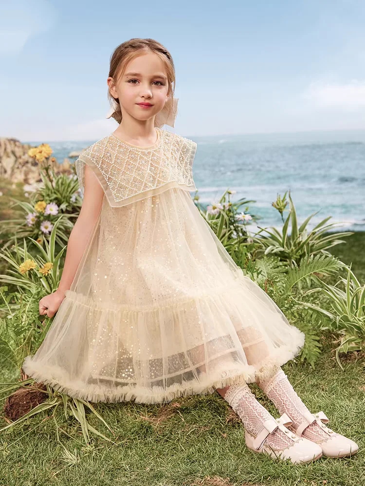 Girls Summer Light Luxury Mesh Dress Little Girl Pearl Neck Sequin Princess Tutu Dress 6-15Y