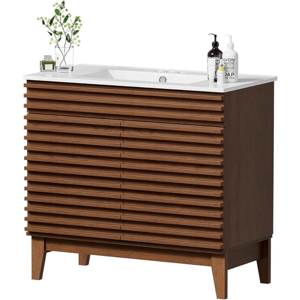 

Bathroom Vanity with Ceramic Sink,Mid-Century Bathroom Vanity Cabinet with 2 Soft Closing Doors,Freestanding Bathroom Cabinet,