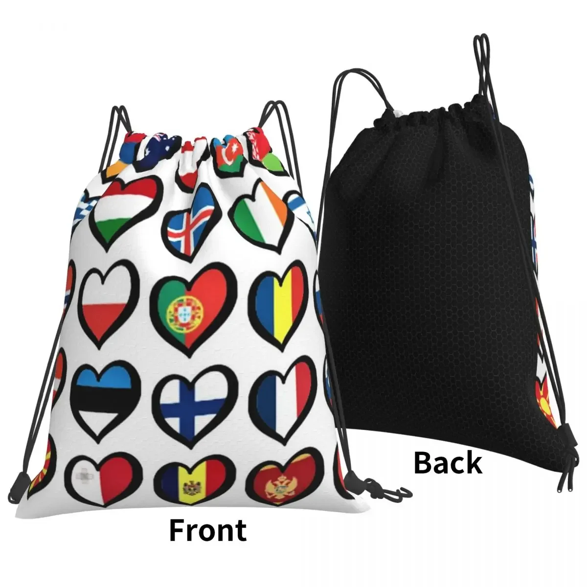 Drawstring Bundle Pocket Sports Bag, Drawstring Bags, Bandeira Corações Mochilas, Bookbag para Viagens e Escola, Concurso Europeu da Canção