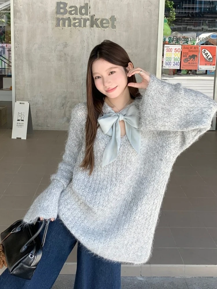 Autumn and Winter Korean Style Sweet Bow Reversible Wear Sweater Women's Chic Hollow Sequins Designed Casual Versatile Knitwear