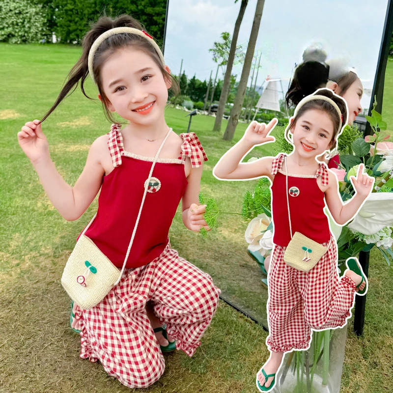 

Girls' Summer Set 2024 New Fashion Girls' Sports Style Cherry Applique Top + Wide-leg Plaid Pants Two-piece Set