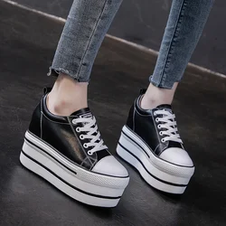 Genuine Leather Women Chunky Sneakers spring autumn Super High Heels 12cm Woman Platform Shoes Casual Ladies Sneaker