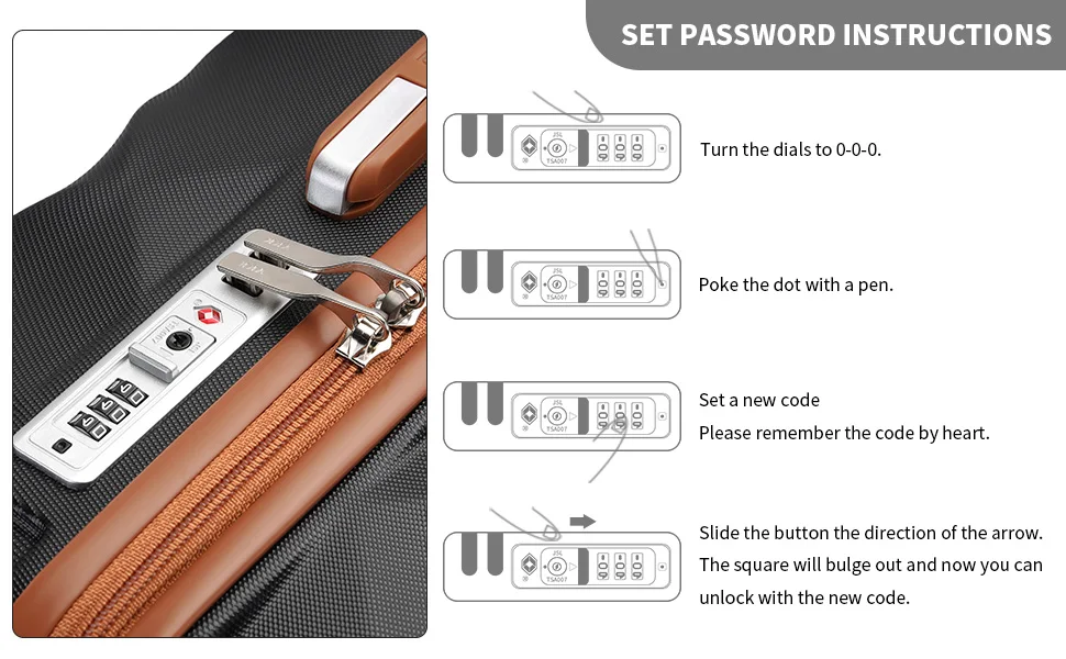 Luggage lock setup instructions showing a 4-step process to set a combination code, featuring black and brown leather trim and metal combination dials.