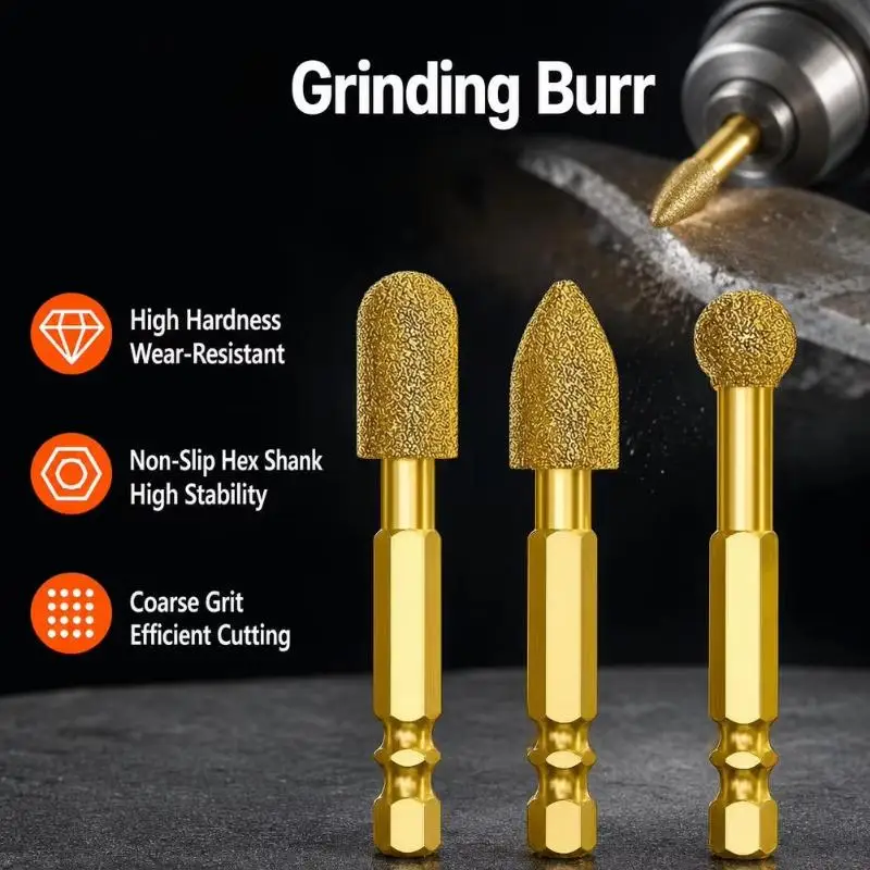 3Pcs Diamond Grinding Head Tile Rotary File Polishing Head For Iron, Stainless Steel, Ceramic, Tile, Fits Drill