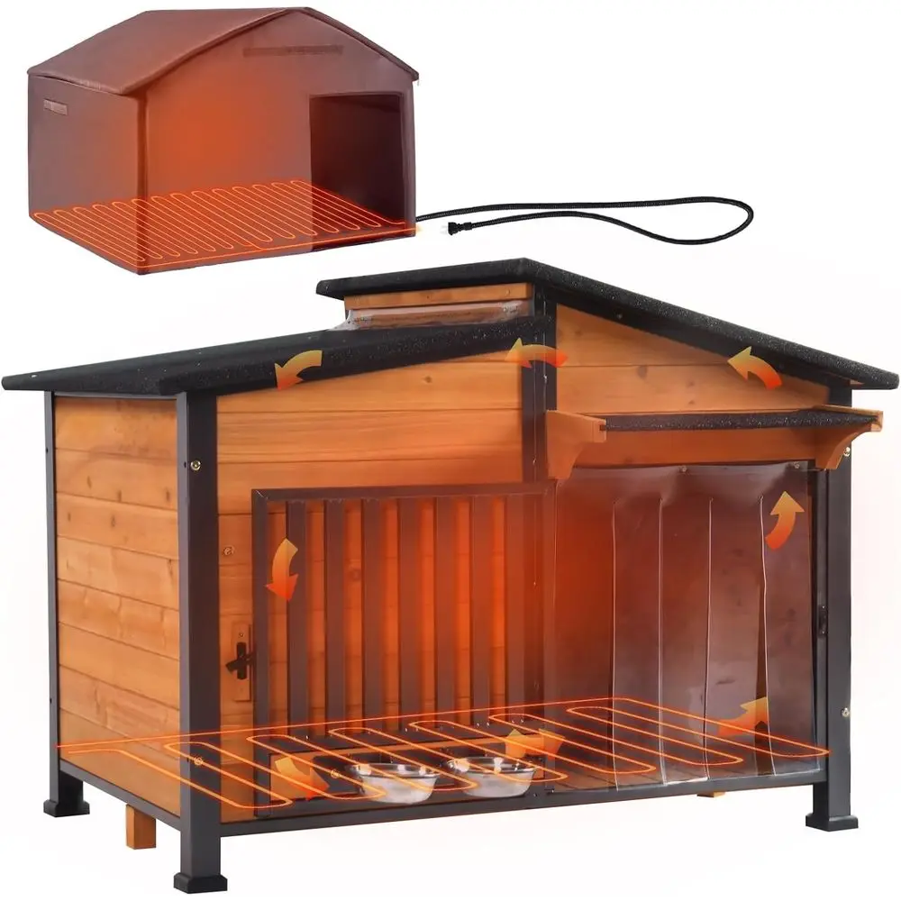 

Питомник для собак с подогревом на открытом воздухе и металлической жевательной и вращающейся миской для маленьких и средних собак, 39,7x25,5x32,2