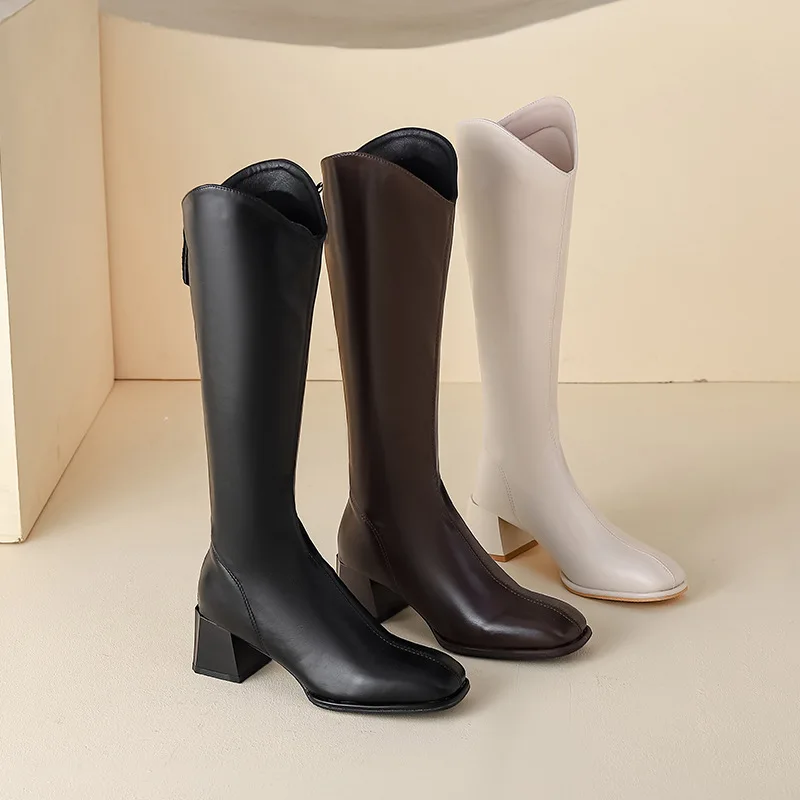 

Women's boots 2025 new elastic square toe thick heel V-neck long tube boots women's knee high knight boots