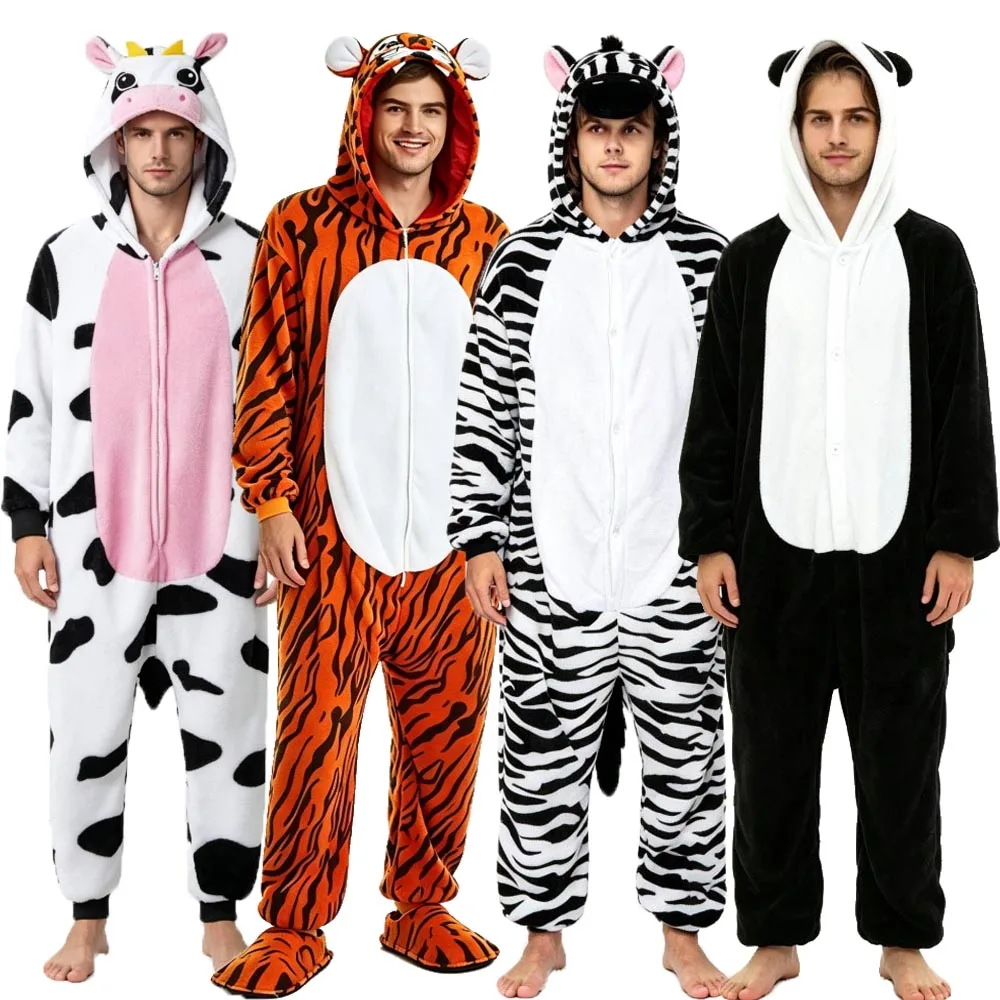 Pijamas Kigurumi para Adultos, Lindos Monos de Peluche con Diseño de Vaca, Tigre, Panda, Conejo, Disfraz de Cosplay, Pijamas Negros para Mujer con Diseño de Leopardo y Unicornio