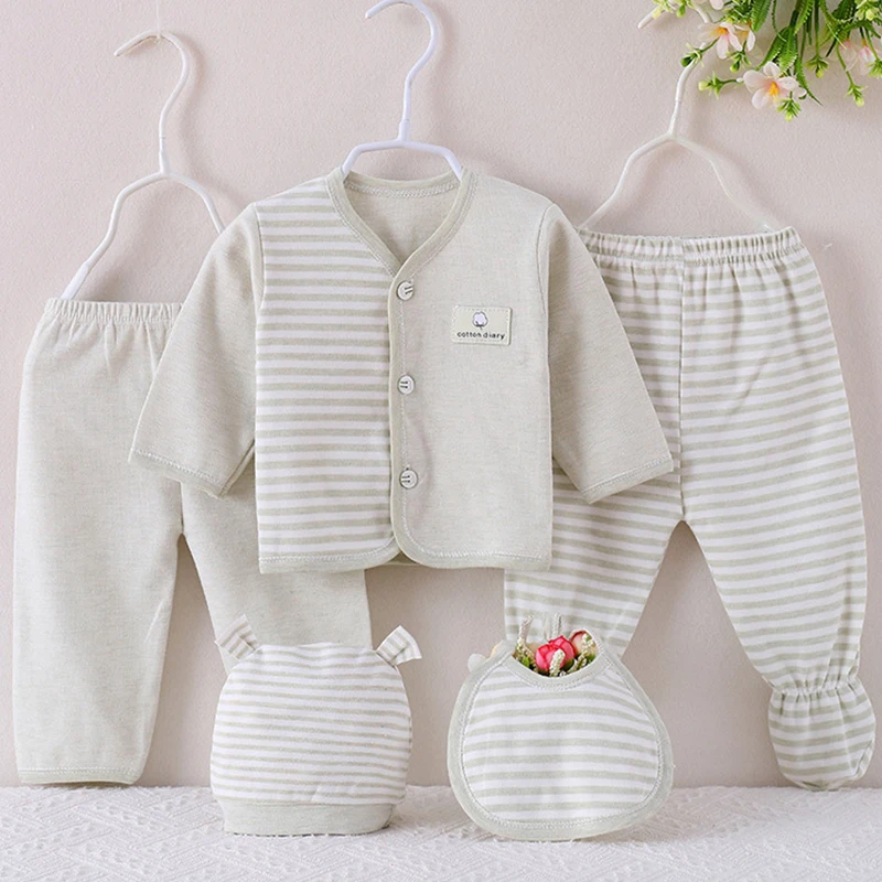 5Piece Spring Autumn Boys Girls Outfit Sets Casual Cute Stripe Long Sleeve Cotton Tops+Pants+Hat+Bibs Newborn Baby Clothes BC509