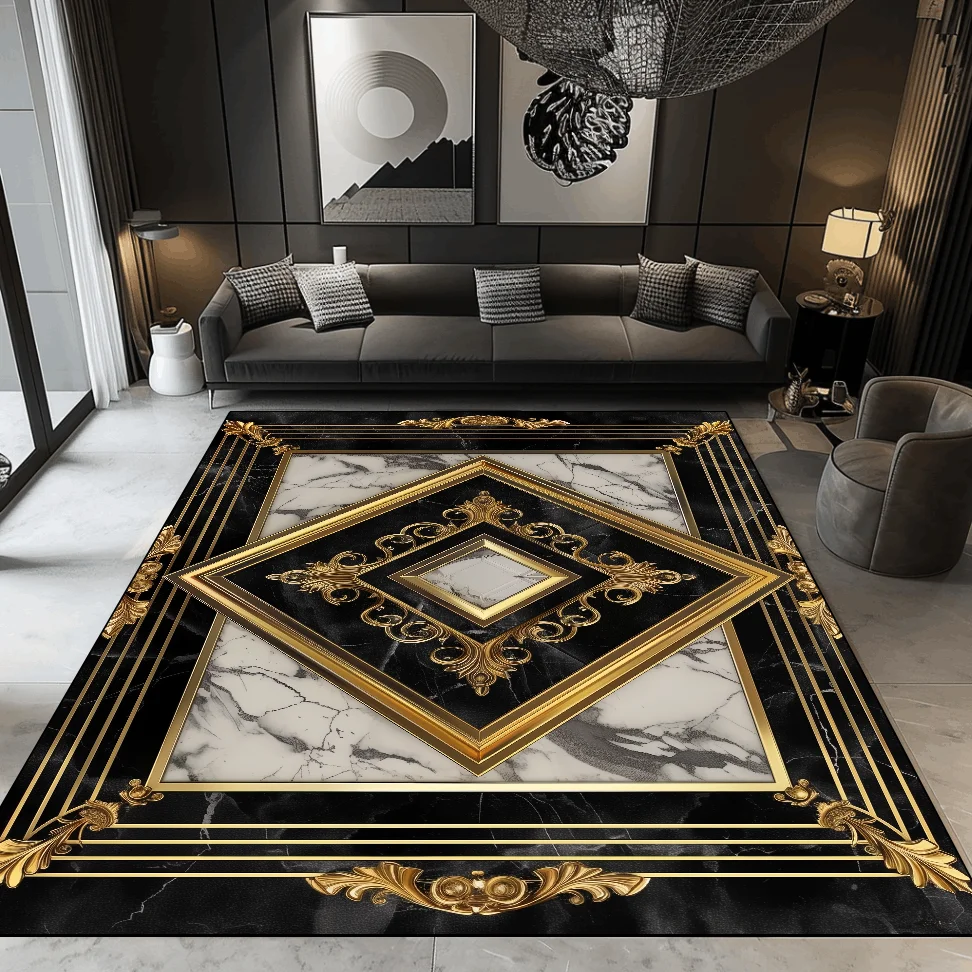 Living Room Decoration Luxury Carpets Black Golden Marble Carpet European Home Sofa Floor Mat Room Decor Doorway Hallway Rugs