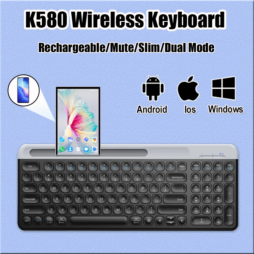 

Беспроводная клавиатура K580, 2,4 г, Bluetooth, двухрежимная клавиатура с держателем для телефона, офисная бесшумная тонкая клавиатура, планшет, настольный универсальный