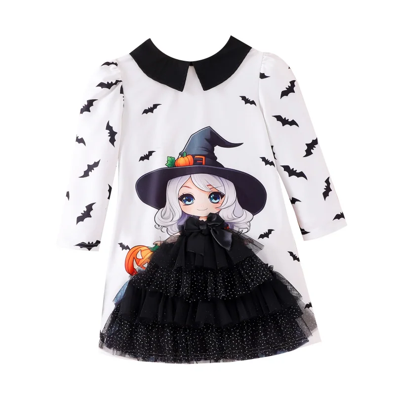 

Autumn Girls Halloween Dress Cartoon Print Mesh Long Sleeve Dress