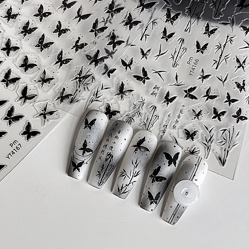 1 Sheet Chinese Style Black Bamboo Butterfly Ink Painting Willow Chinese Character Nail Art Sticker Manicure Decal Salon Gift