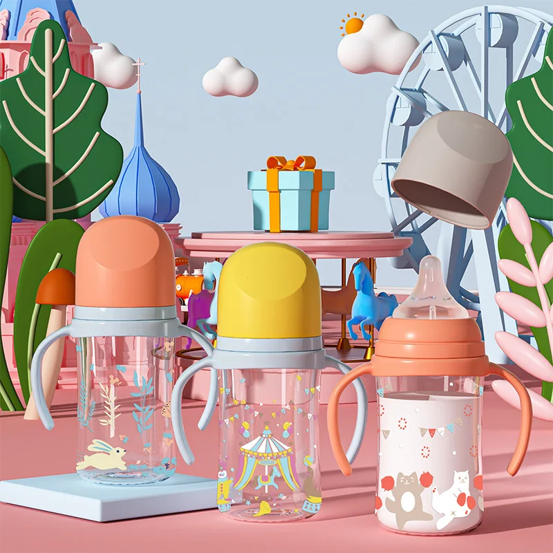 

300ML Cute Baby Learning Drinking Cup with Double Handles and Flip Lid, Training Straw Cup