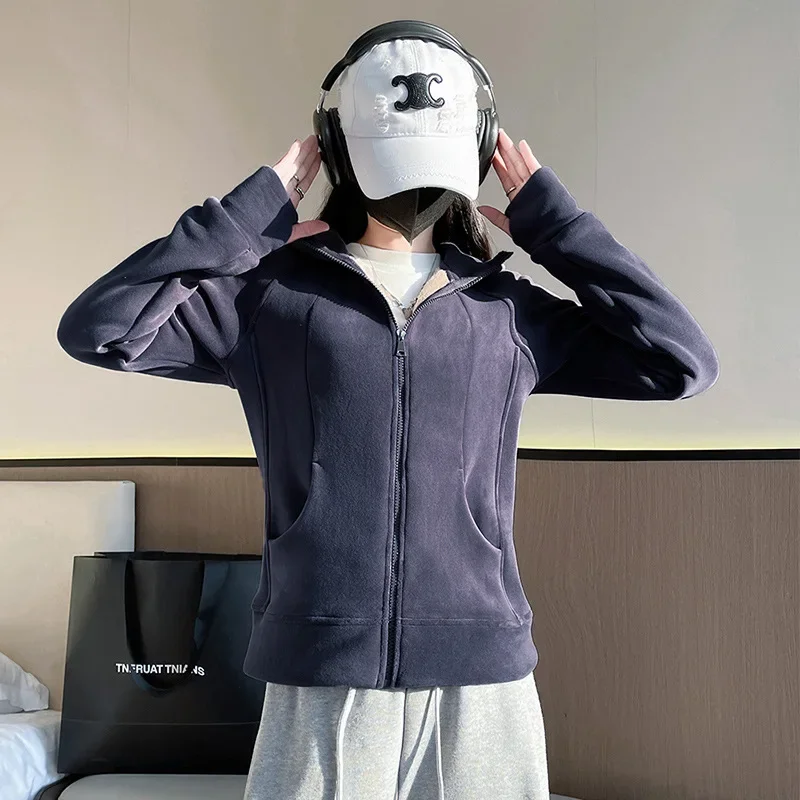 لولو المرأة هوديي البلوز صوف مبطن زمم ملابس لليوجا سليم صالح الخريف الشتاء عارضة أزياء نصف الياقة العالية كم كامل #4