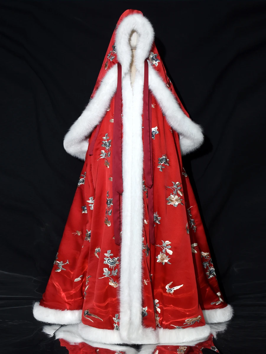 

Теплый красный плащ-накидка Ханьфу с тяжелой вышивкой и шапкой-шлемом, осенне-зимний, с цветочным узором, в стиле ханьской одежды