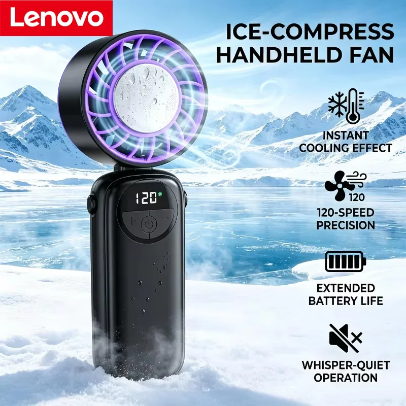 Novo Ventilador Portátil com Resfriamento a Gelo, 120 Velocidades, Turbo, Display LED, Dobrável, Pode Ser Pendurado, Ventilador de Mesa com Vento Forte para Viagens, Escritório e Casa