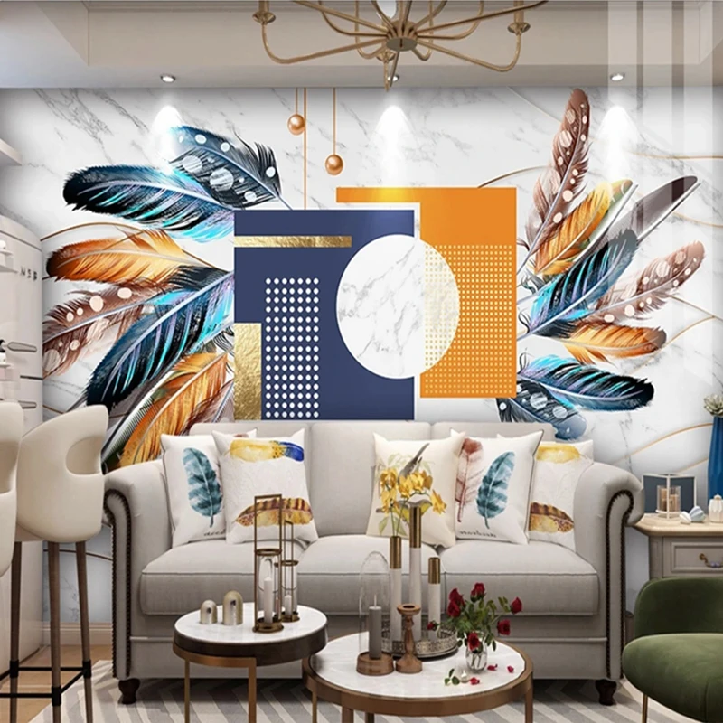 Custom 3D Marble Pattern Photo Mural Colorful Feather Butterfly Non-woven Wallpaper for Bedroom Living Room TV Wall Home Decor