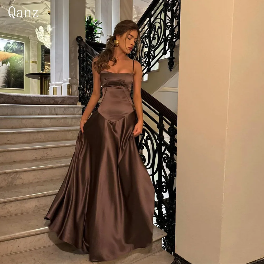 

Qanz Modest Brown Prom Dresses Satin Spaghetti Straps Long A Line Pageant Dresses for Women Floor Length Corset Party Dresses