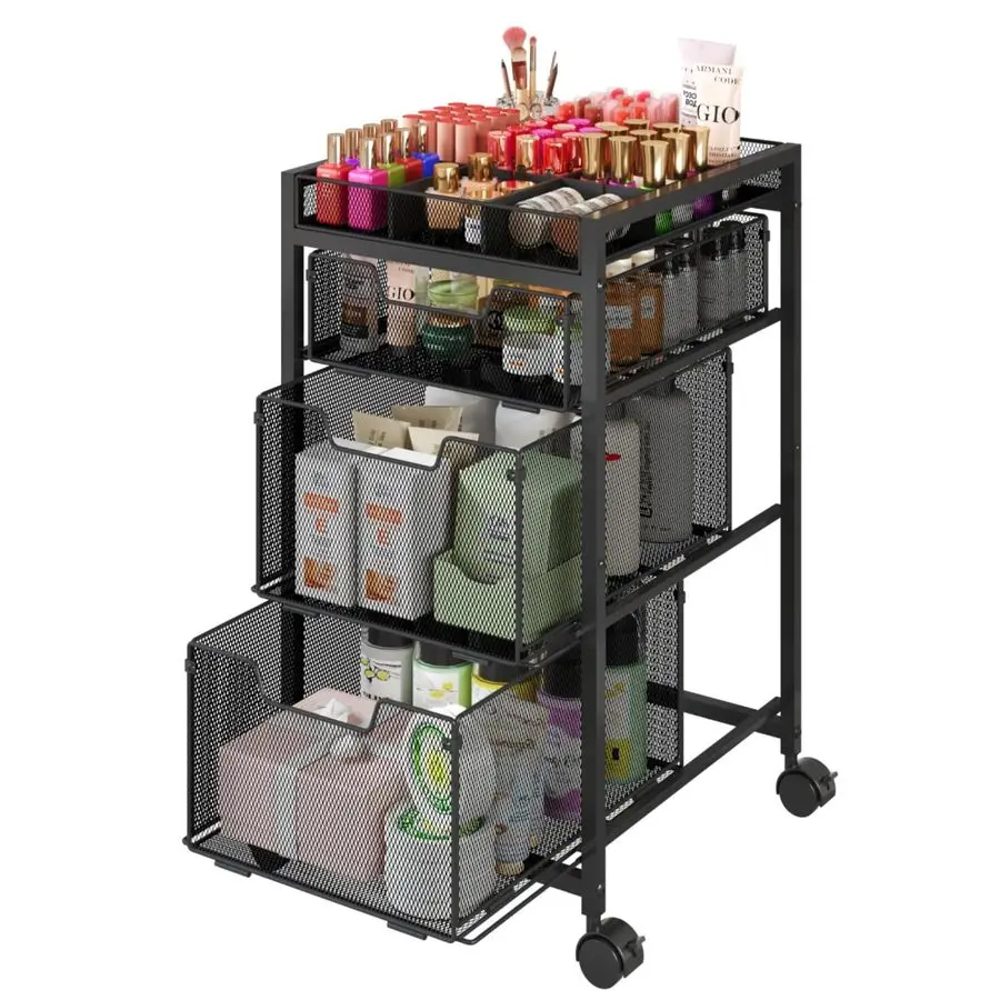 

Rolling Makeup Cart Organizer with 3 Drawers, Cosmetics Display with Dividers, Floor Skincare Storage with Wheels, Versatile Van