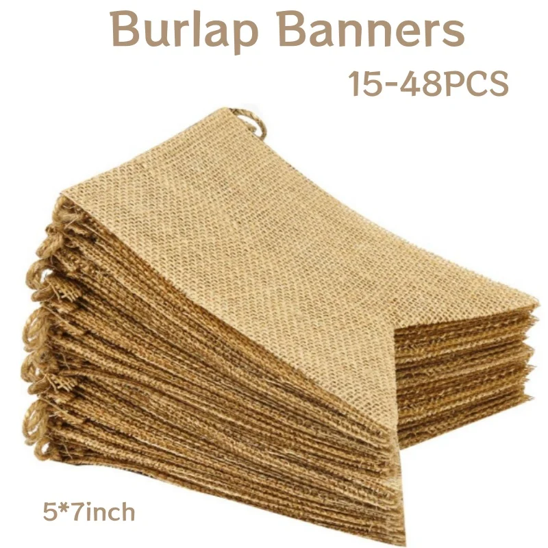 15-48Pcs Burlap Banner 30Ft Swallowtail Flag Handwriting Banner for Birthday Party Wedding Xmas DIY Decoration for Holidays