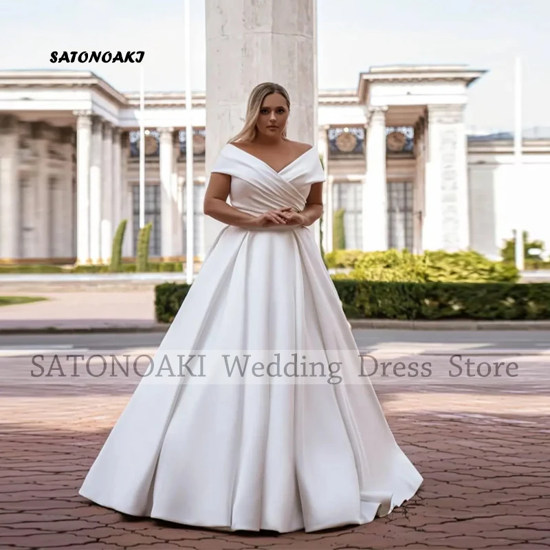 Customized Elegant Off the Shoulder White Satin Wedding Dress for Bride A-Line Plus Size Lace-up Bride Gown Vestido De Novia