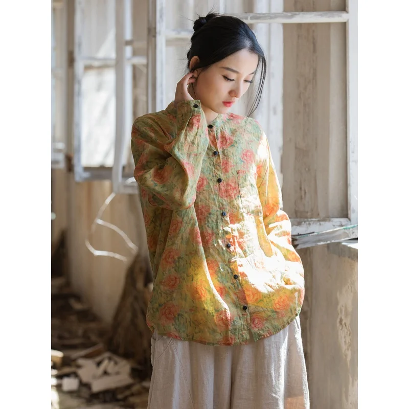 New Chinese Ramie Women's Cotton and Linen Shirt 2023 Summer New Women's Design Sense Niche Stand Collar Shirt Retro