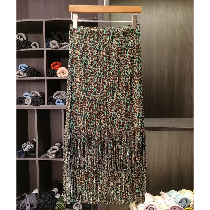 Vintage Leopard Print Tassel Pleated Skirt 2026 New Women's High-Waisted Slimming Flared Stretch long Miyake Large Size Skirt