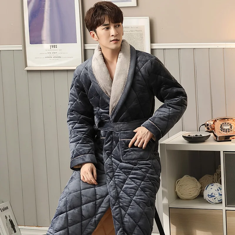 

Зимний мужской банный халат большого размера M-2XL, 3-слойный хлопковый халат на клипсе, мужской толстый халат, пижама Hombre