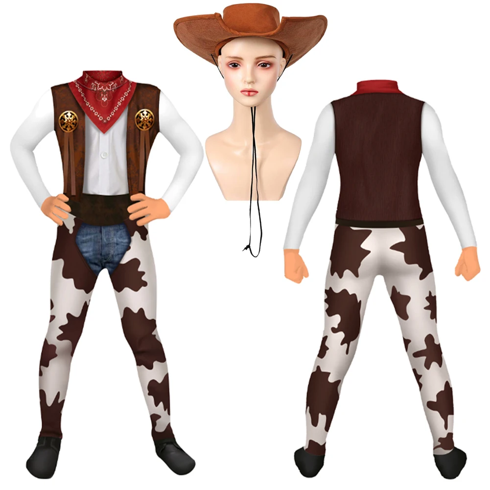 Cowboy Cosplay Jumpsuit For Male Women Carnival Costume Hat Bodysuit Halloween Roleplay Party Outfits Adult Costume Clothing