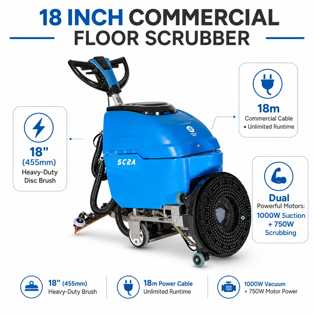 SC2A Commercial Walk Behind Floor Scrubber Machine Electric Corded Floor Cleaner 1660m2/h for Commercial Building Workshop