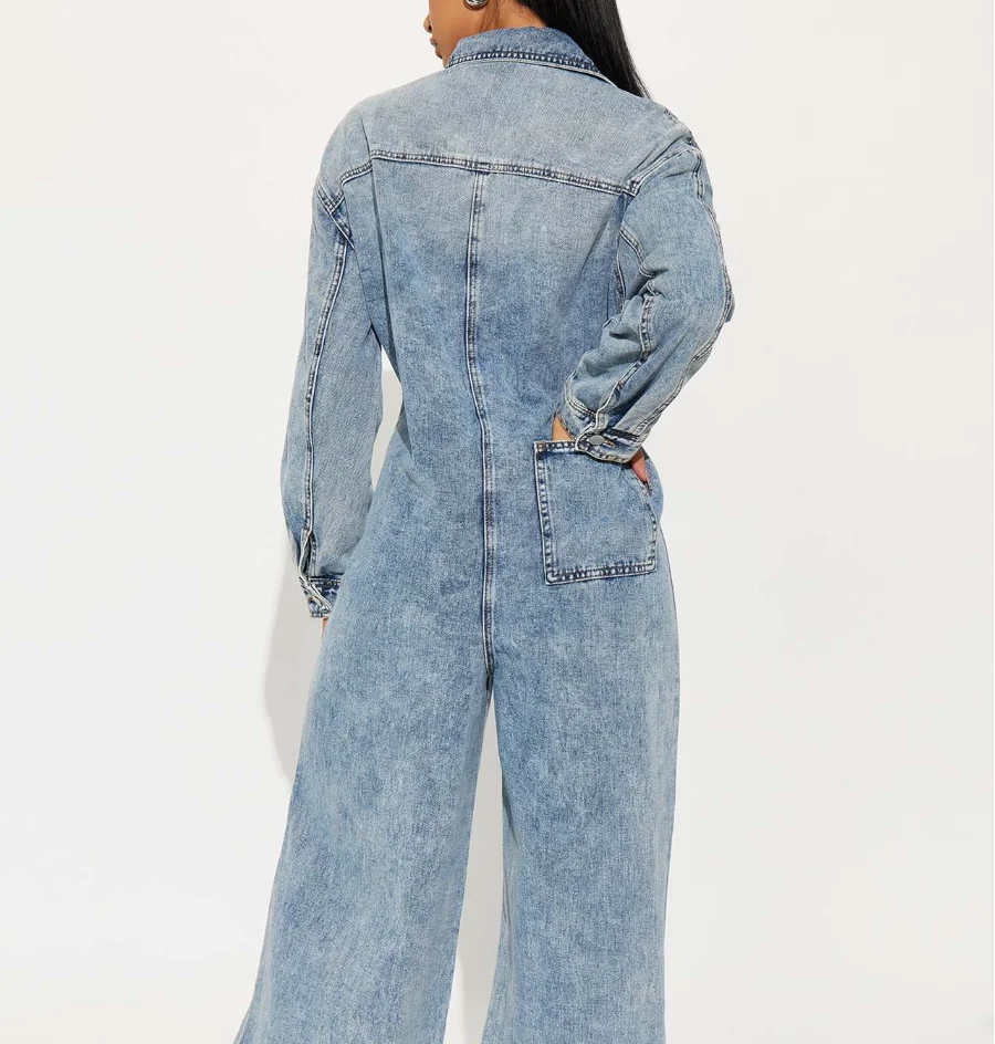 Dames slanke elastische taille denim jumpsuit met lange mouwen vrouwelijke dagelijkse kleding nieuwe gepersonaliseerde damesmode rechte jumpsuits