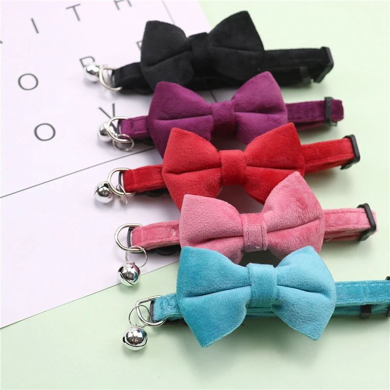 Velvet Cat Collar Solid Color Bowknot Puppy Chihuahua Collars with Bell Adjustable Safety Buckle Cats Bow Tie Pets Accessories