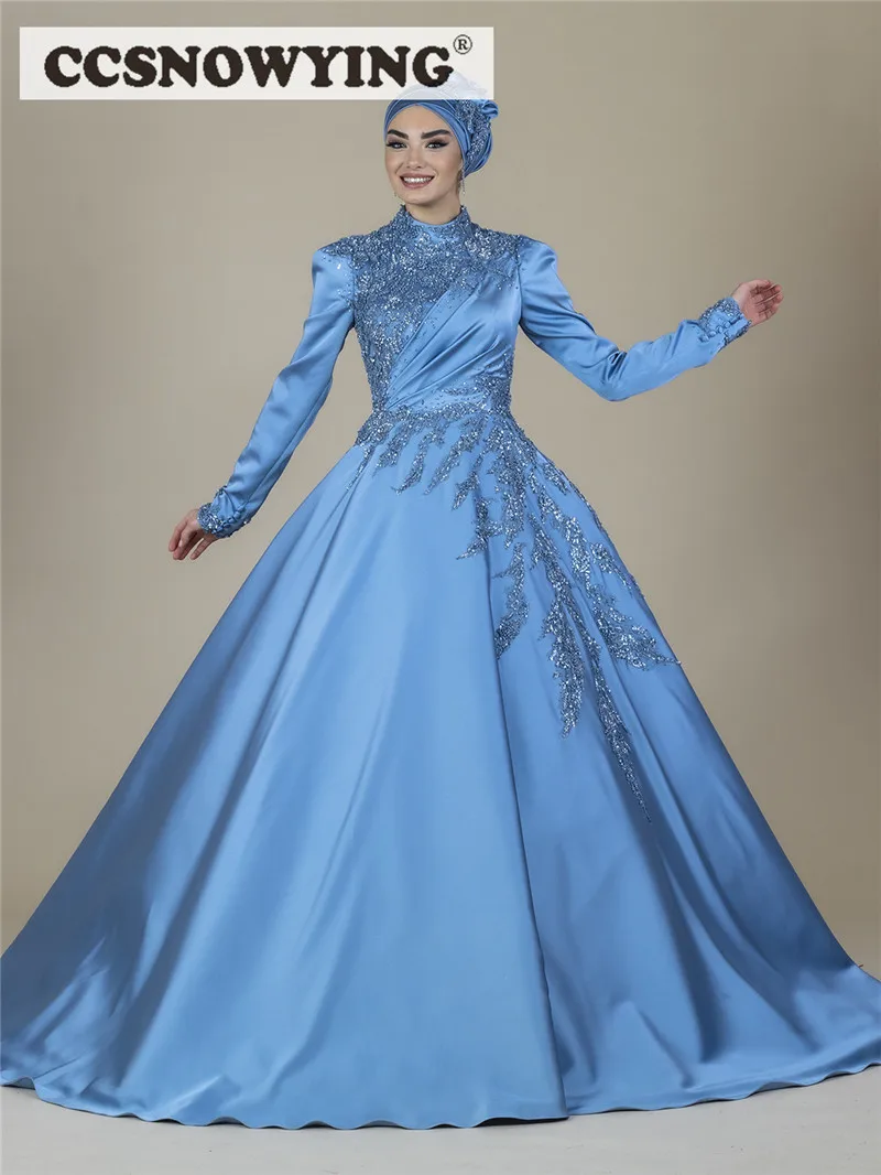 

Blue Ball Gown Muslim Hijab Evening Dress Long Sleeve Islamic Formal Party Gown High Neck Arabia Dubai Kaftan Robe De Soiree