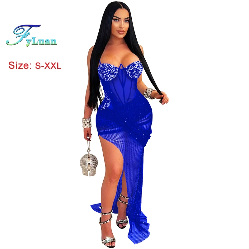 Hermosas faldas irregulares sexis de malla transparente para mujer con hombros descubiertos y espalda descubierta decoración de encaje con cuentas vestido femenino ropa de fiesta de noche