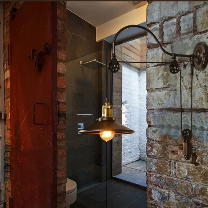 Creative Vintage Retro Wall Lamp Wrought Iron Loft Industrial American Pulley Lift Wall Sconce Lights Fixture Home Deco Cafe Bar