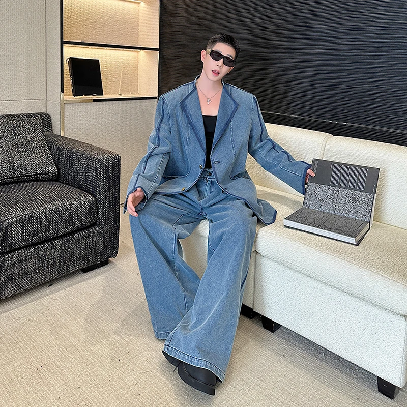 Men Denim Outfit Autumn Winter Two Piece Jacket Pants Suit Collar Patchwork Design Loose Straight Casual Jeans Washed Distressed