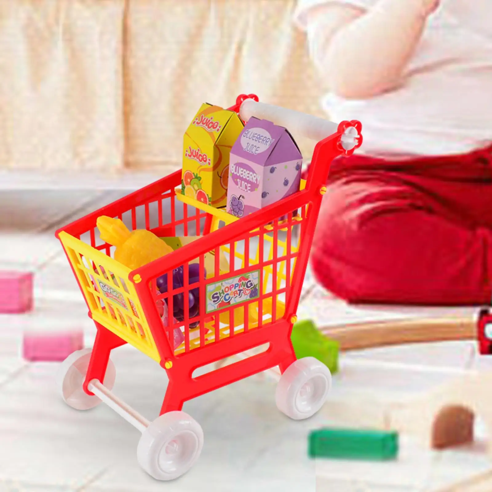 مجموعة عربة تسوق للأطفال مع ألعاب تخزين مكتبية ملحقة للعب التظاهري باللون الأحمر #2