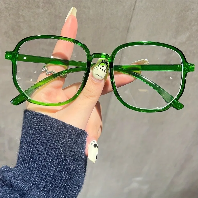 1-teilige Damen-Brille in Gelee-Farbe, modisch, flacher Rahmen, Retro, schlicht, luxuriös, transparent, unregelmäßig, großes Gesicht, Metallscharnier