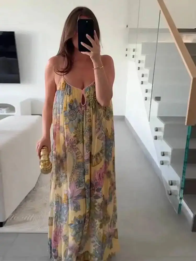 Drucken Floral frauen Kleid Halter V-ausschnitt Ärmel Aushöhlen Gerade Weibliche Kleider Sommer Elegante Urlaub Dame Robe