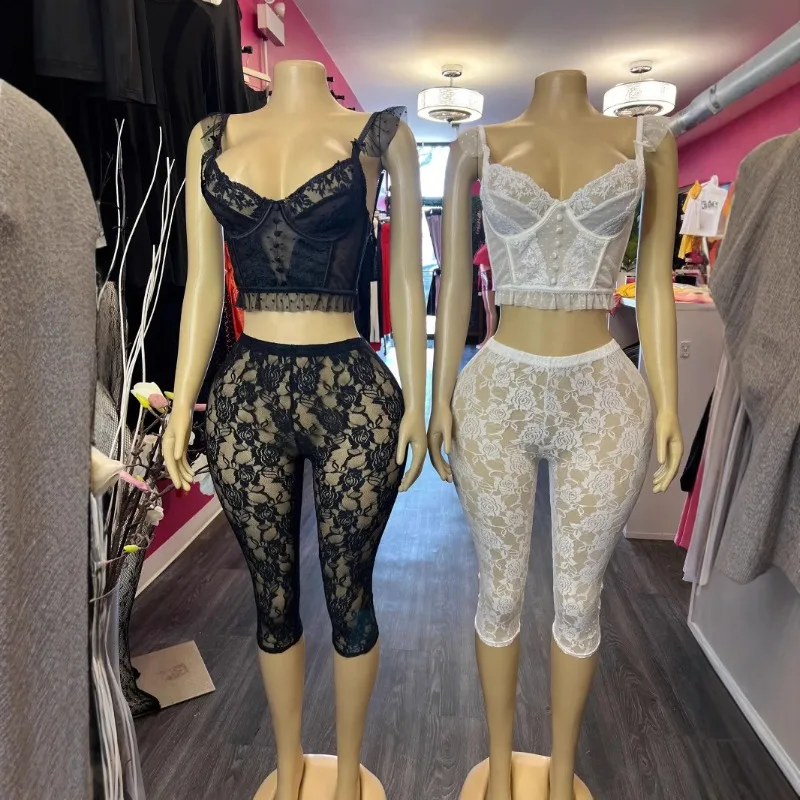 

Women Sexy See Through Lace 2 Piece Set Low Neck Spaghetti Straps Backless Camisole Crop Tops + Knee Length Pants Clubwear Suit