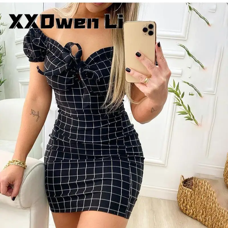 Summer Sexy Off Shoulder Mini Dress Women Fashion Casual Plaid Dresses Bodycon Beach Boho Party Dress For Women Robe Femme