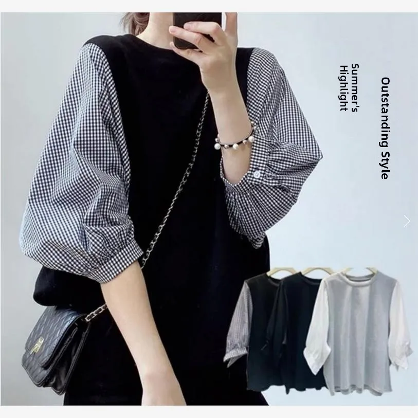 Loose Oversized T-irt with Button Plaid Patchwork Design round Ne ort Sve Summer Top for Women Commute Sle