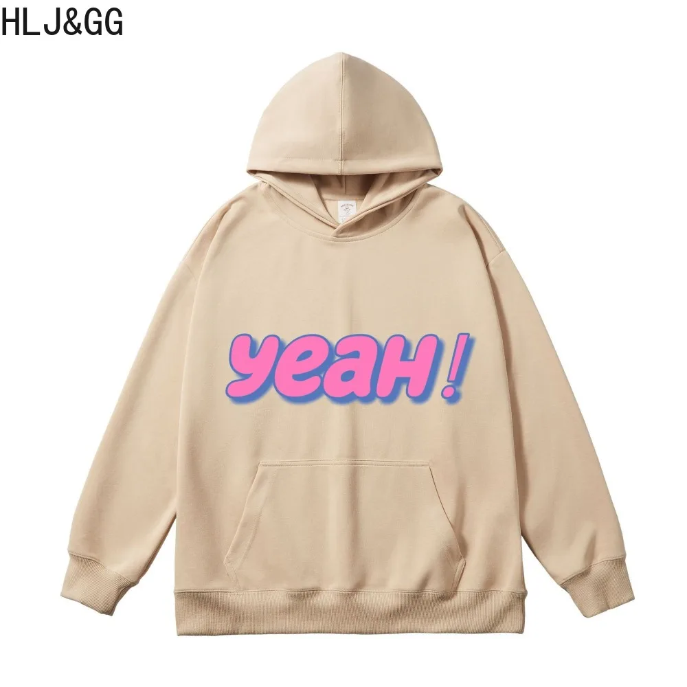 HLJ&GG Autumn Winter Casual Letter Printing Loose Sweatshirts Women Round Neck Long Sleeve Pocket Tops Female Neutral Clothing